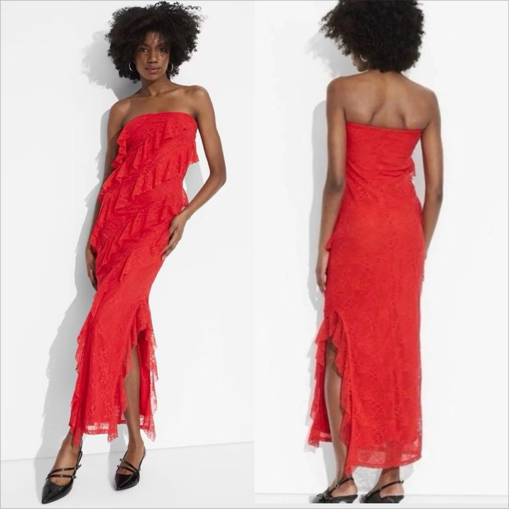 Wild Fable Cherry Red Lace cascading Ruffle strapples bodycon lightweigh XXL nwt